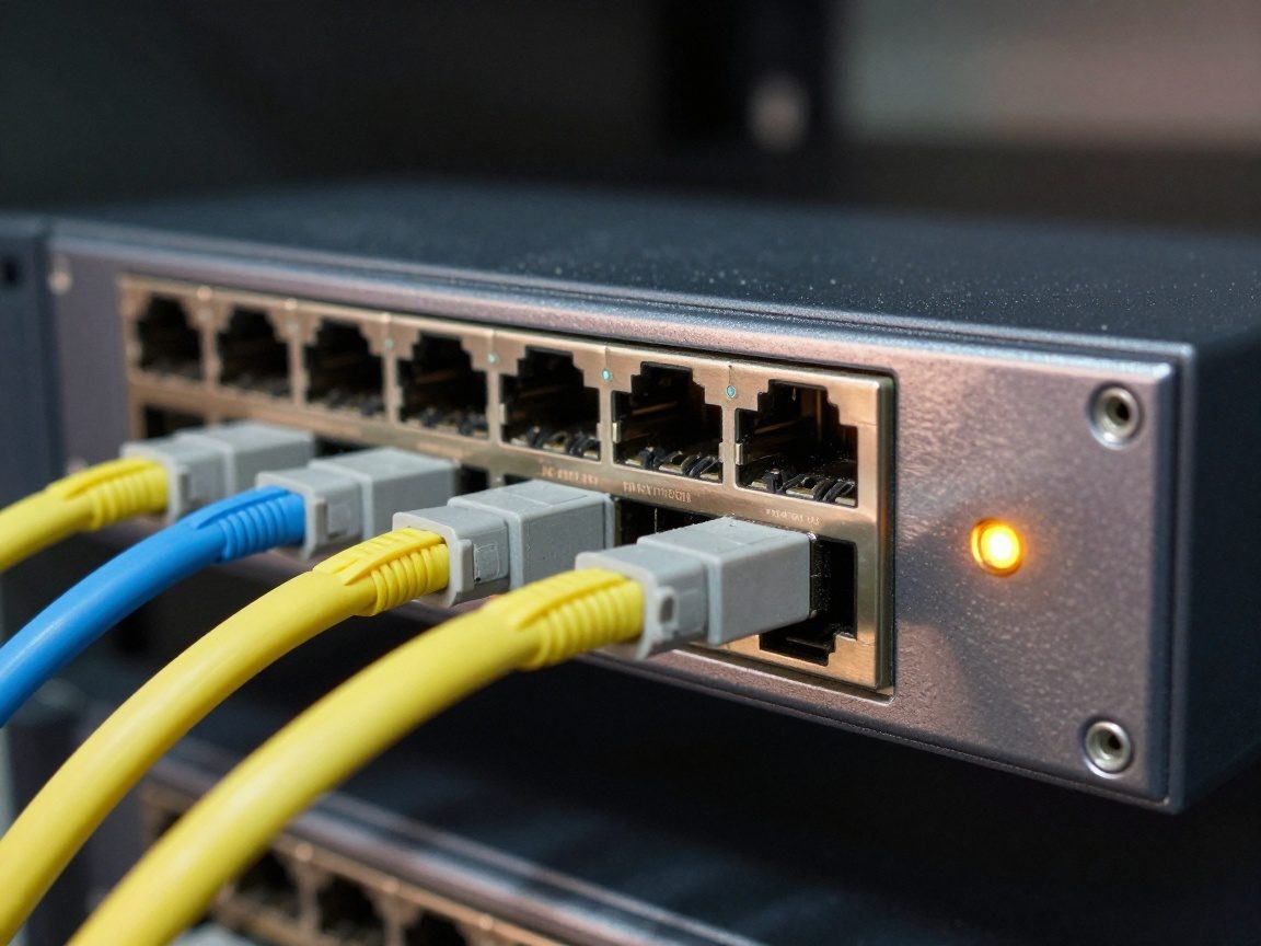 Close-up of a polished rack-mounted network switch with visible copper patch panels, fiber optic cables, and an amber LED status indicator against a dark background.