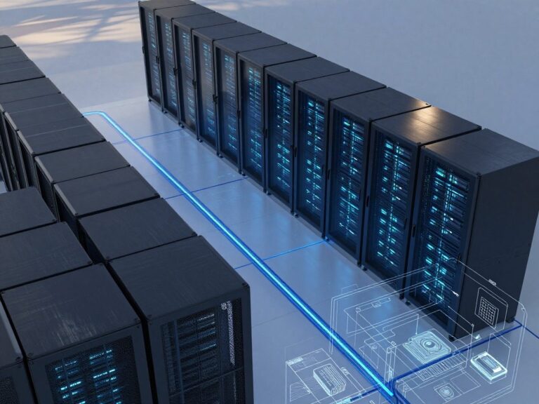Photorealistic overhead view of a data center floor plan with server racks, secure access points, encrypted network pathways, and translucent glass doors displaying faint digital code patterns, illuminated by cool blue LED lighting.