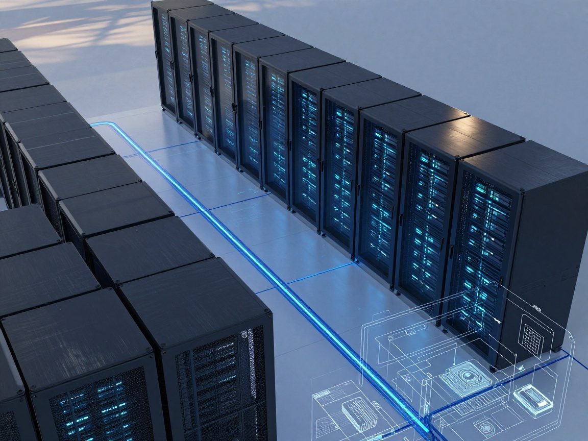 Photorealistic overhead view of a data center floor plan with server racks, secure access points, encrypted network pathways, and translucent glass doors displaying faint digital code patterns, illuminated by cool blue LED lighting.
