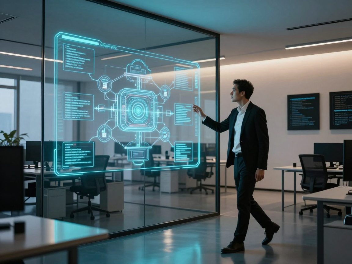 Photorealistic studio shot of a modern open-plan office at dusk with a large glass wall displaying a holographic 3D cloud-native microservices diagram; a Head of Development in white shirt and black blazer stands beside it, gesturing toward the screen.