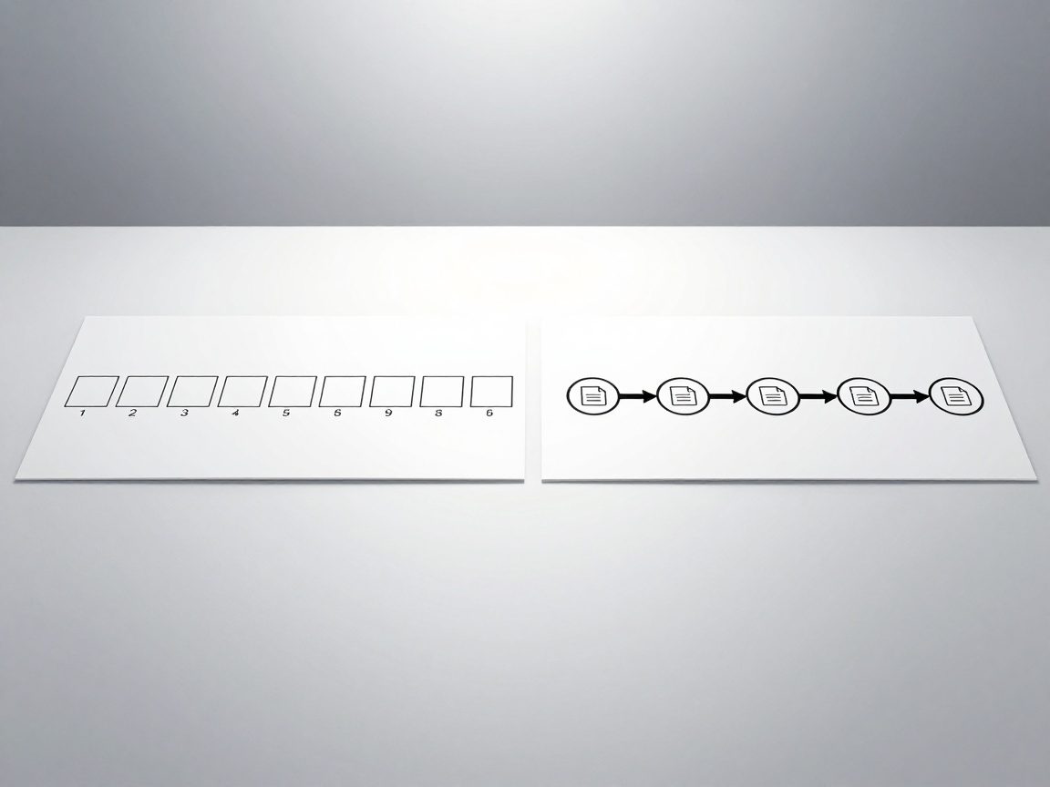 Polished white tabletop showing two side‑by‑side diagrams: a horizontal array of square cells with numbered indices and a linked list of circular nodes connected by arrows, each containing an icon.