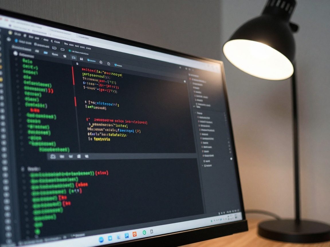 Close‑up of a high‑end monitor showing terminal code and vulnerability scan results with green highlights for compliant items and red marks for issues; a sleek desk lamp casts soft white light, office textures blurred in background.