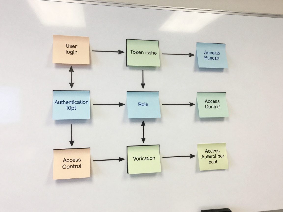 Wide‑angle view of a whiteboard with flowcharts showing authentication and authorization steps, marked by pastel sticky notes for login, token issuance, role verification, and access control.