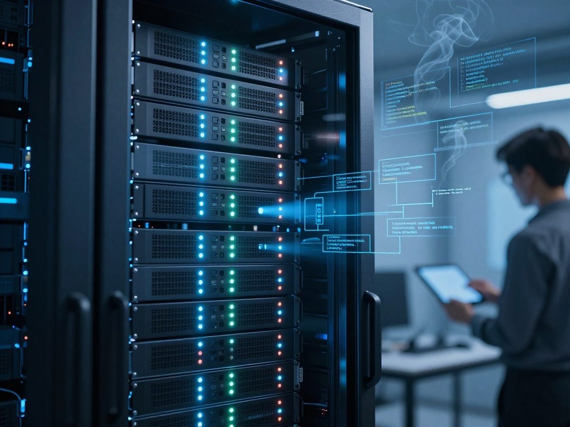 Medium‑shot of a server rack lit by status LEDs in cascading pattern, surrounded by floating code snippets and flowcharts moving upward like smoke, symbolizing automated provisioning and CI/CD pipelines.