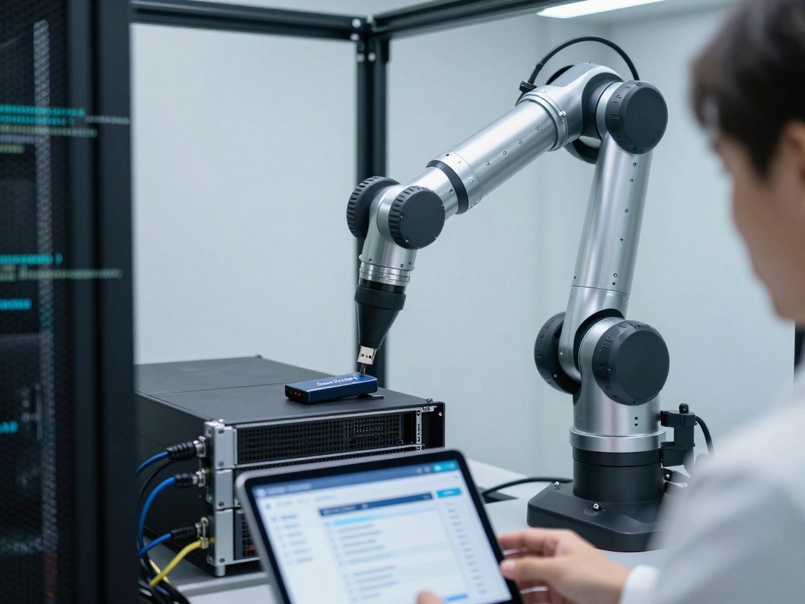 Photorealistic image of a robotic arm dispensing a USB drive labeled "Patch Package" into a server chassis within a clean server rack, while a technician monitors deployment logs on a tablet.