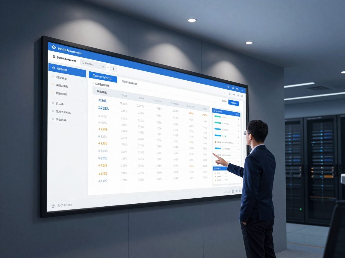 A security administrator stands before a large wall display, interacting with an automated patch management console that shows real‑time deployment metrics, compliance percentages, and alerts on a clean dashboard.