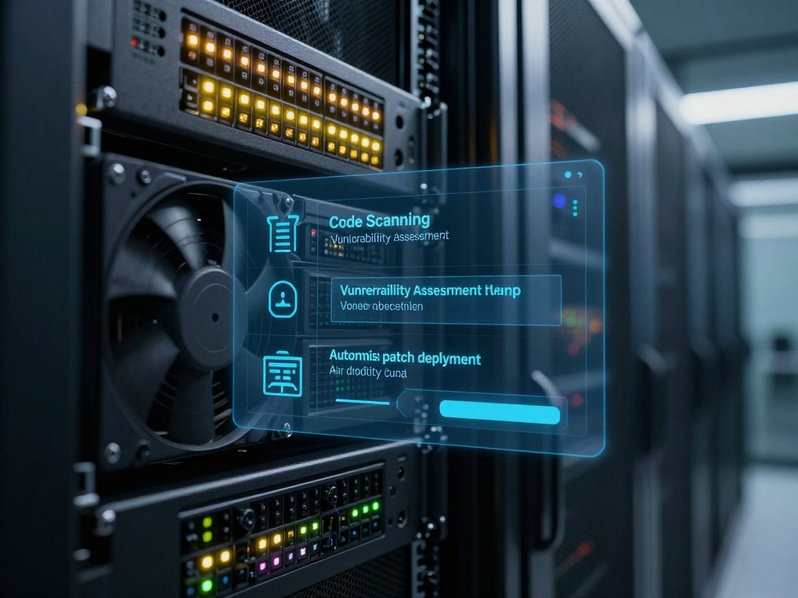 Close‑up of a server rack with blinking LEDs and a cooling fan, overlaid with real‑time security processes like code scanning, vulnerability assessment, patch deployment, and alerts in a dimly lit data center corridor.