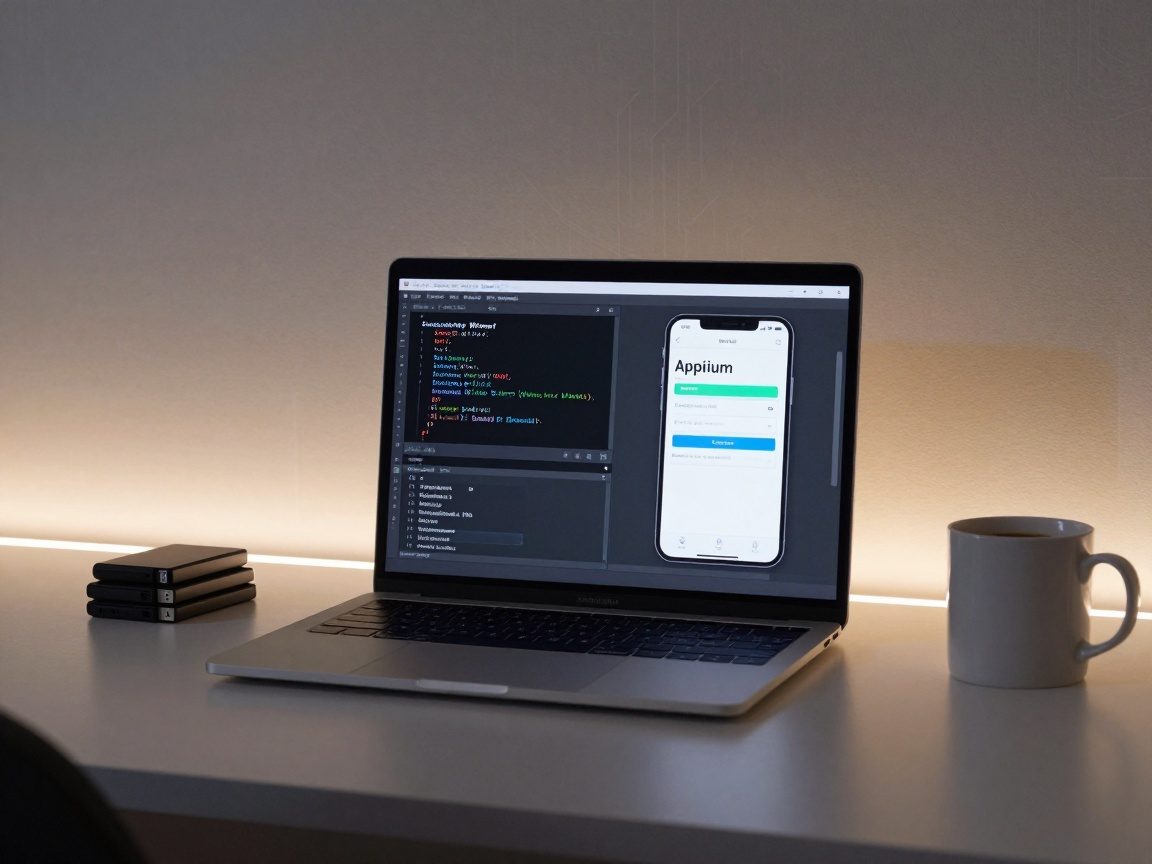 Modern developer desk with laptop showing Selenium script in VS Code on left and Appium mobile emulator on right, surrounded by USB drives and coffee mug under LED strip lighting