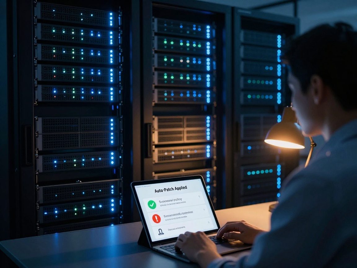 Server rack with blinking LEDs and an IT analyst using a tablet to monitor real‑time alerts, showing green checkmark for policy enforcement and red exclamation mark for vulnerability detection.