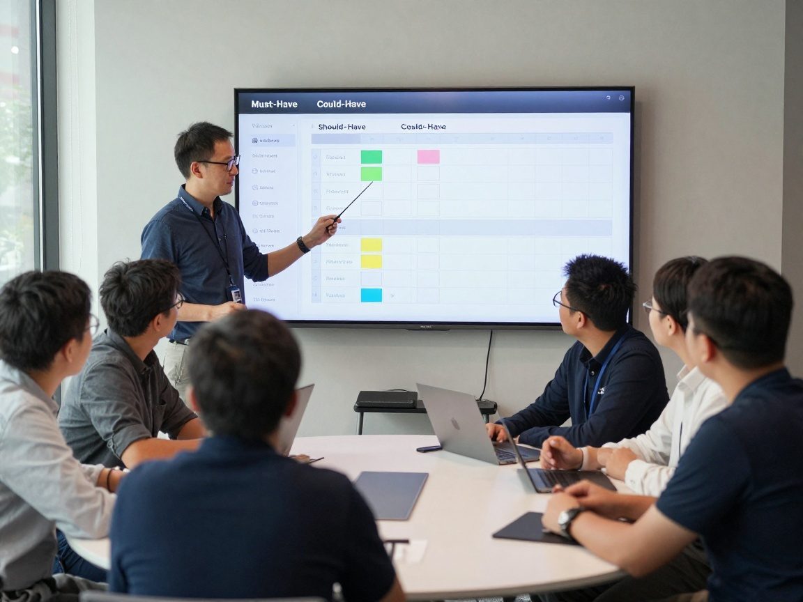 A diverse product team around a circular table using a laser pointer to highlight items on a digital Kanban board displayed on a wall-mounted screen during a sprint grooming session, natural light illuminating faces.