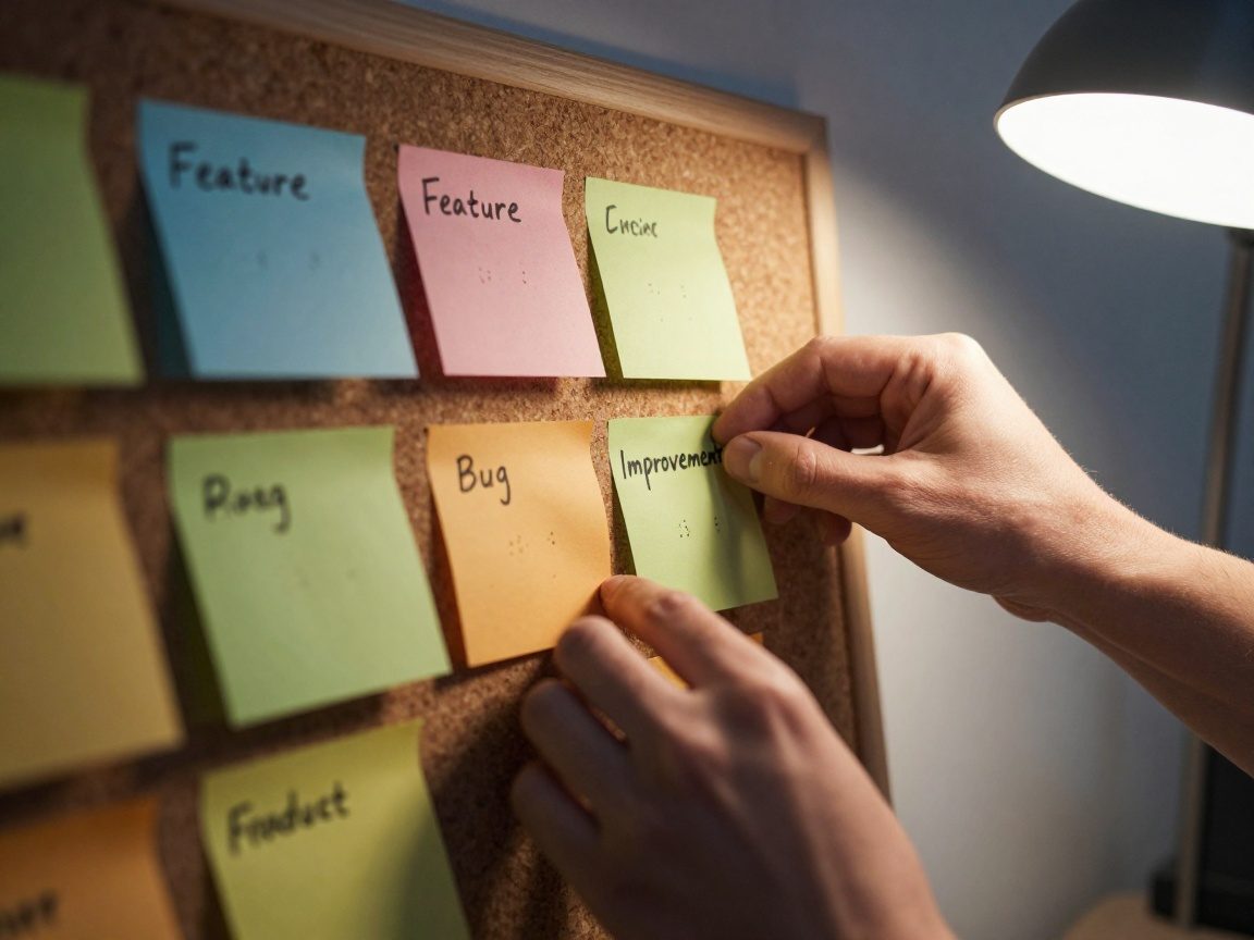 Close‑up of a Product Owner arranging sticky notes on a cork board, color‑coded for Feature, Bug, and Improvement with handwritten estimates, under focused desk lamp light.