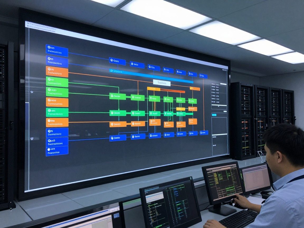 Wide-angle view of a control room floor plan projected onto a transparent screen showing layered network diagrams with color-coded traffic flows; technician adjusts QoS settings on a touchscreen, surrounded by server racks and LED lighting.