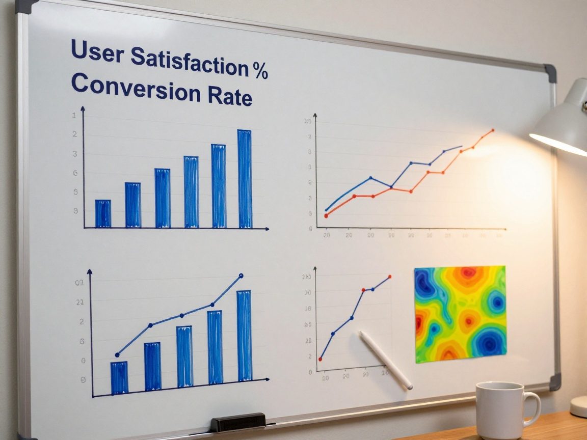 Whiteboard with KPI charts—bar graphs, line trends, heat maps—drawn in crisp marker strokes; a stylus rests on the board and a coffee mug beside it under warm desk lamp lighting.
