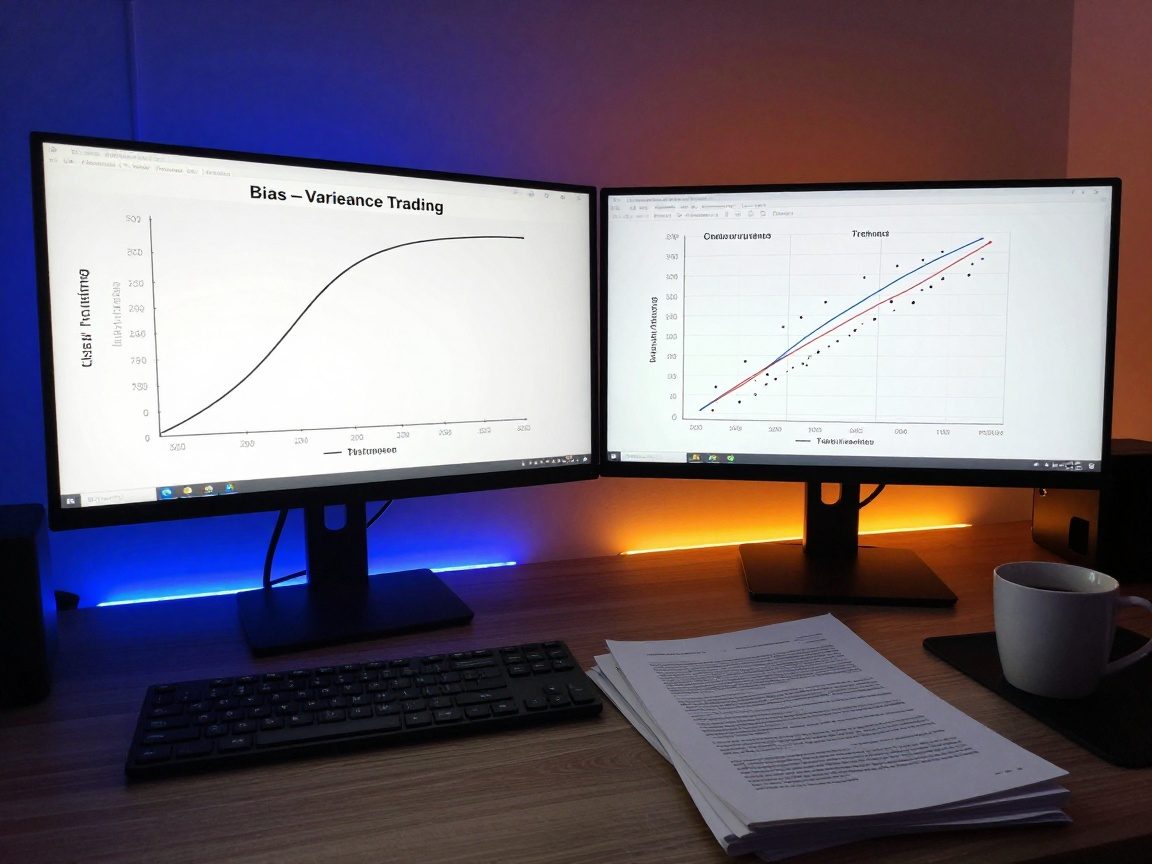 Wide angle view of a dual‑monitor setup: one screen displays a bias–variance tradeoff plot with a steep curve, the other shows a scatter plot of training versus test error; dimly lit room with RGB LED strips shifting from blue to orange, symbolizing low to high variance. A stack of research papers and a coffee mug add human touch.
