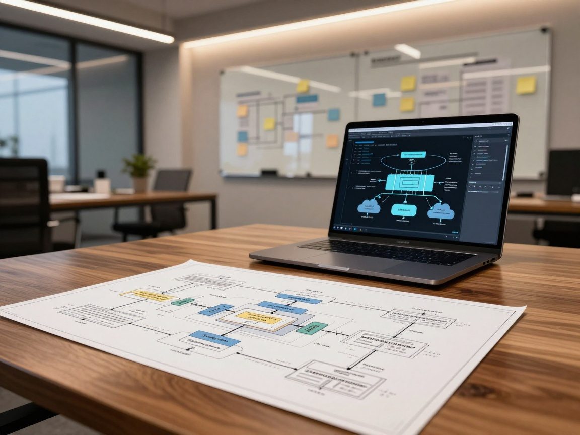Photorealistic studio shot of a modern open‑plan office with a polished wooden desk, drafting table displaying detailed microservices diagram, laptop showing 3D system architecture, and digital whiteboard in warm ambient light.