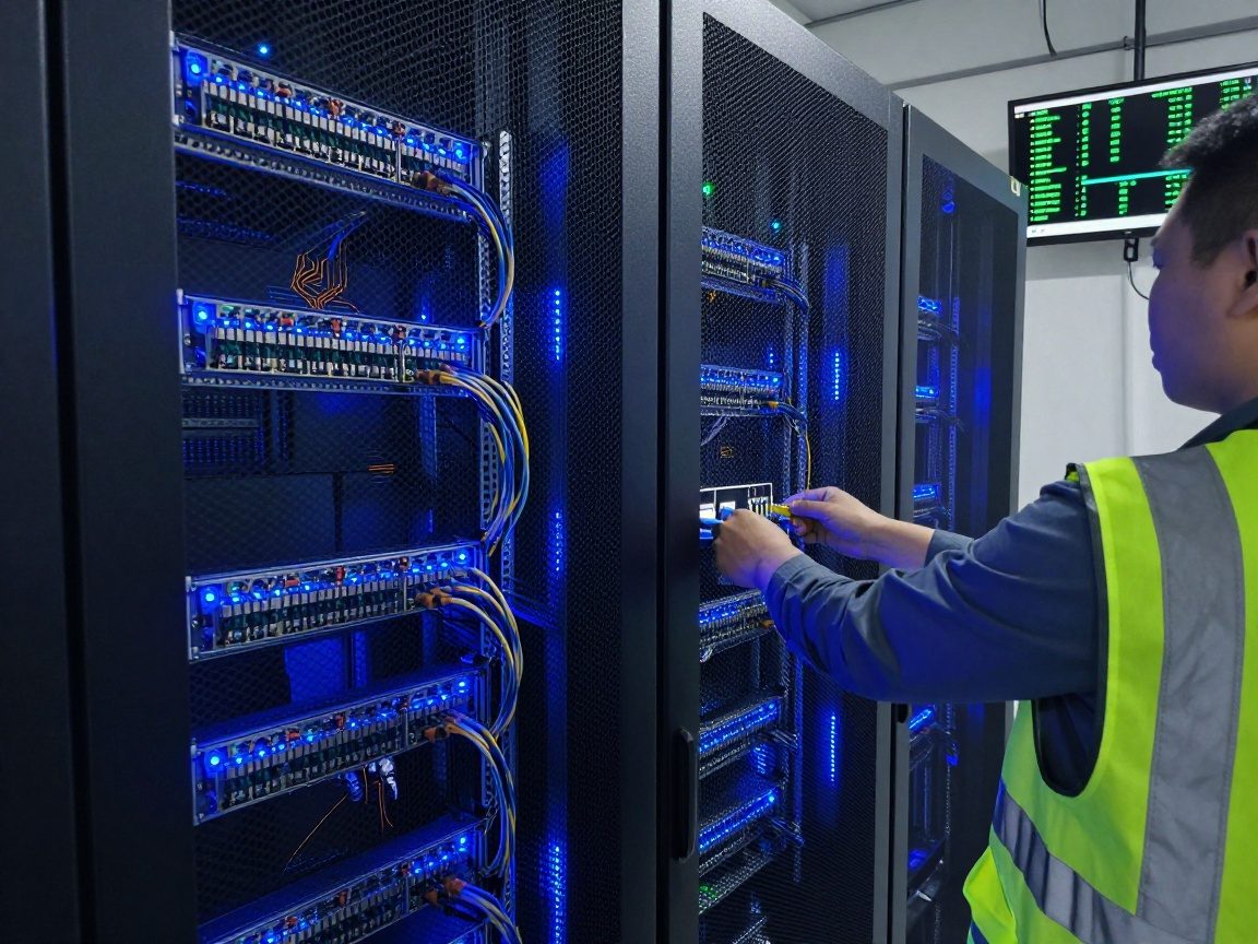 High-detail image of a server rack inside a clean data center at night, with blue LED-lit servers and a technician inserting fiber optic cable into a patch panel.
