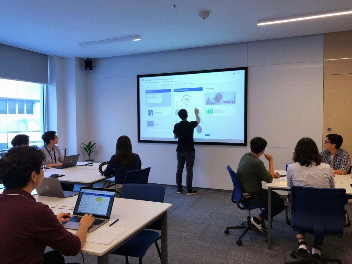 Wide‑angle view of a co‑working space where participants interact with a touch‑screen wall displaying live idea submissions categorized by tags like UX, Sustainability, and AI; people in casual attire collaborate around modular tables with laptops and digital pens, under soft blue ambient lighting and natural light from large windows.