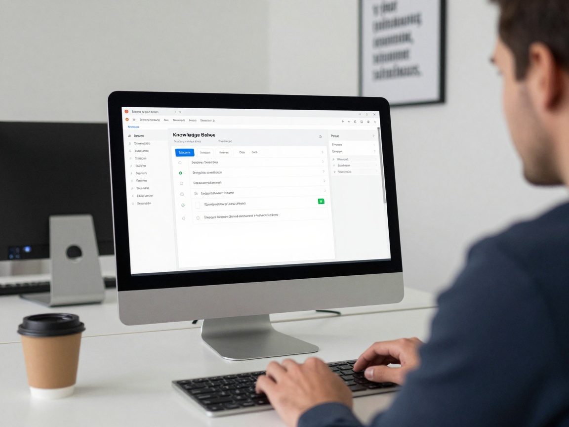 Medium shot of an IT manager at a desk, laptop open to a knowledge base editor with drag‑and‑drop sections, tags, and preview pane; high‑contrast keyboard, coffee mug, soft overhead lighting, minimalist office wall with motivational quote.