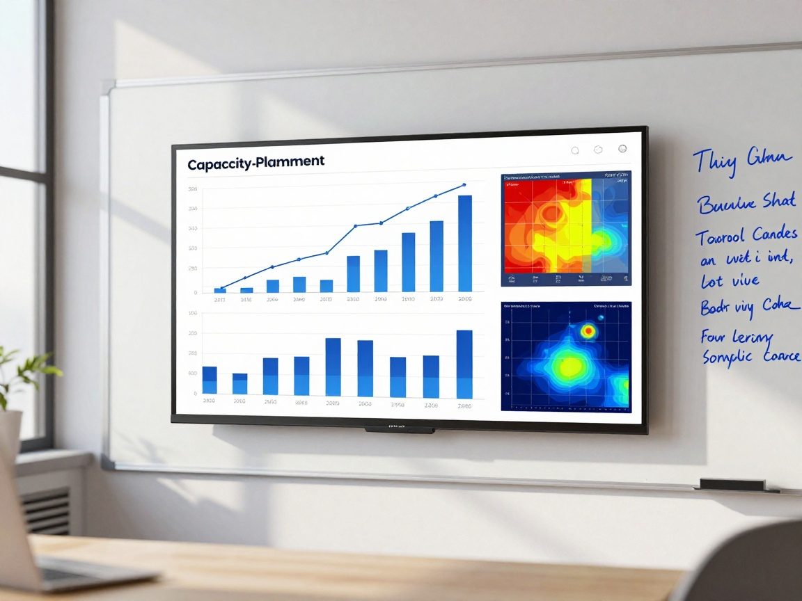 Medium shot of a high-resolution screen displaying a dynamic capacity-planning chart with stacked bar graphs, line trends, and heat maps, set against a clean whiteboard with handwritten blue notes.