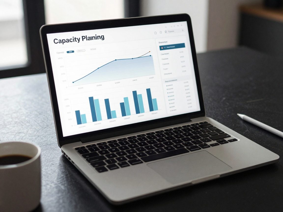 Close‑up laptop screen showing a detailed capacity planning dashboard with stacked bar charts and forecast curves on dark gray sans‑serif text, set against a white background.