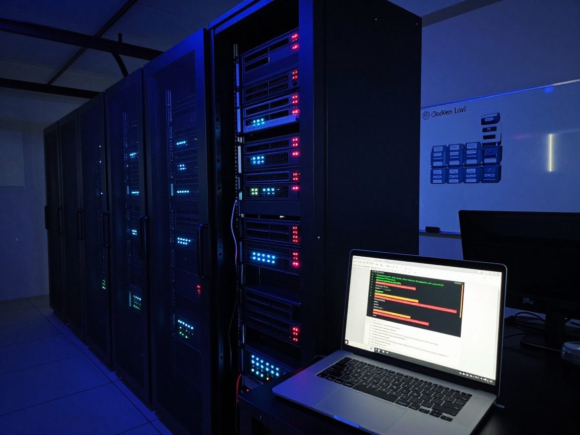 Wide angle night view of a server room lit by blue LEDs, rack-mounted servers with glowing status lights, laptop displaying Jenkins pipeline output, and Docker containers labeled on a whiteboard.