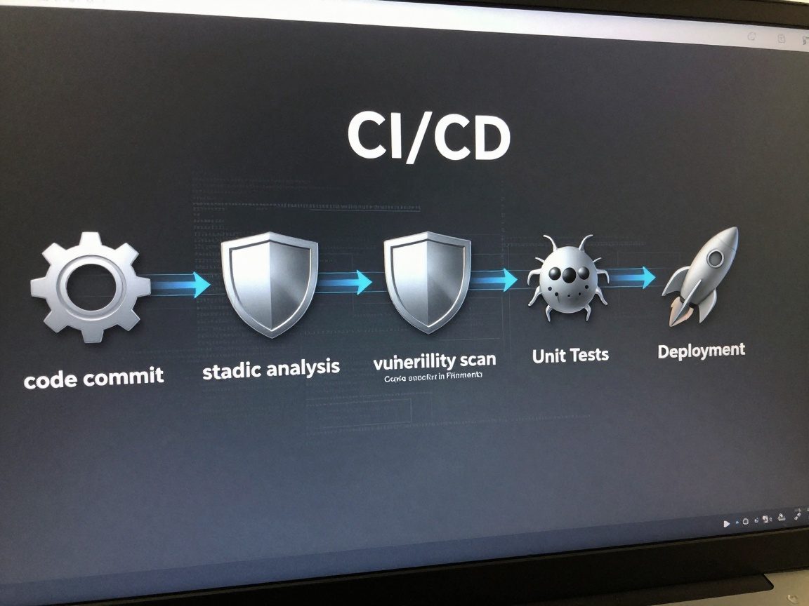 Computer screen showing a CI/CD pipeline diagram with stages: code commit, static analysis, vulnerability scan, unit tests, and deployment, each represented by distinct icons (gear, shield, bug, rocket) on a dark gray background with metallic textures and glowing blue data streams connecting them.