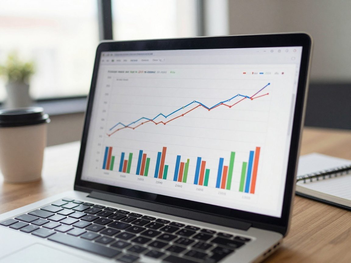 High‑resolution laptop screen shows a detailed cost‑optimization graph with color‑coded bars and trend lines, set against a blurred office background featuring a coffee mug and notebook under natural light.