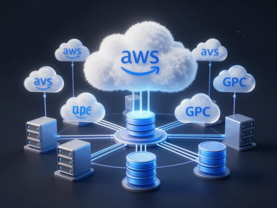 High‑detail wide‑angle view of a stylized cloud infrastructure with AWS, Azure, and GCP icons floating above interconnected servers and databases, connected by glowing data pipelines.