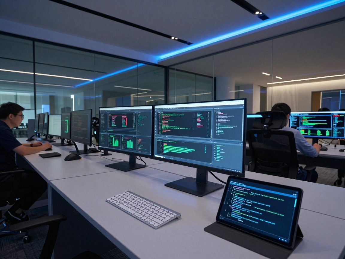 Wide-angle view of a sleek glass-walled command center with LED lighting, multiple monitors showing dashboards and code, a polished steel keyboard on a console table, and a matte black tablet displaying Terraform scripts.