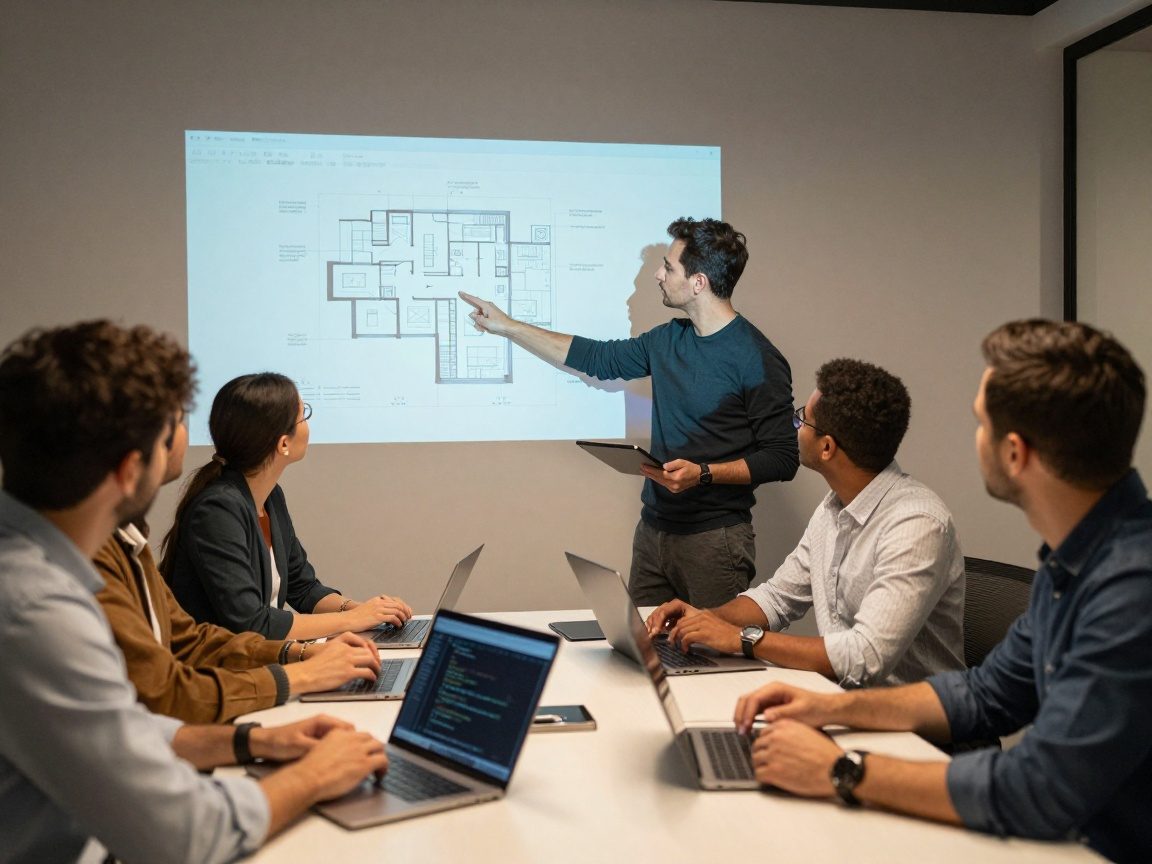 Photorealistic image of a diverse tech team around a circular table, Head of Development holding a tablet and pointing at an architecture diagram projected on the wall, laptops open with code snippets visible, warm office lighting with subtle blue LED accents.