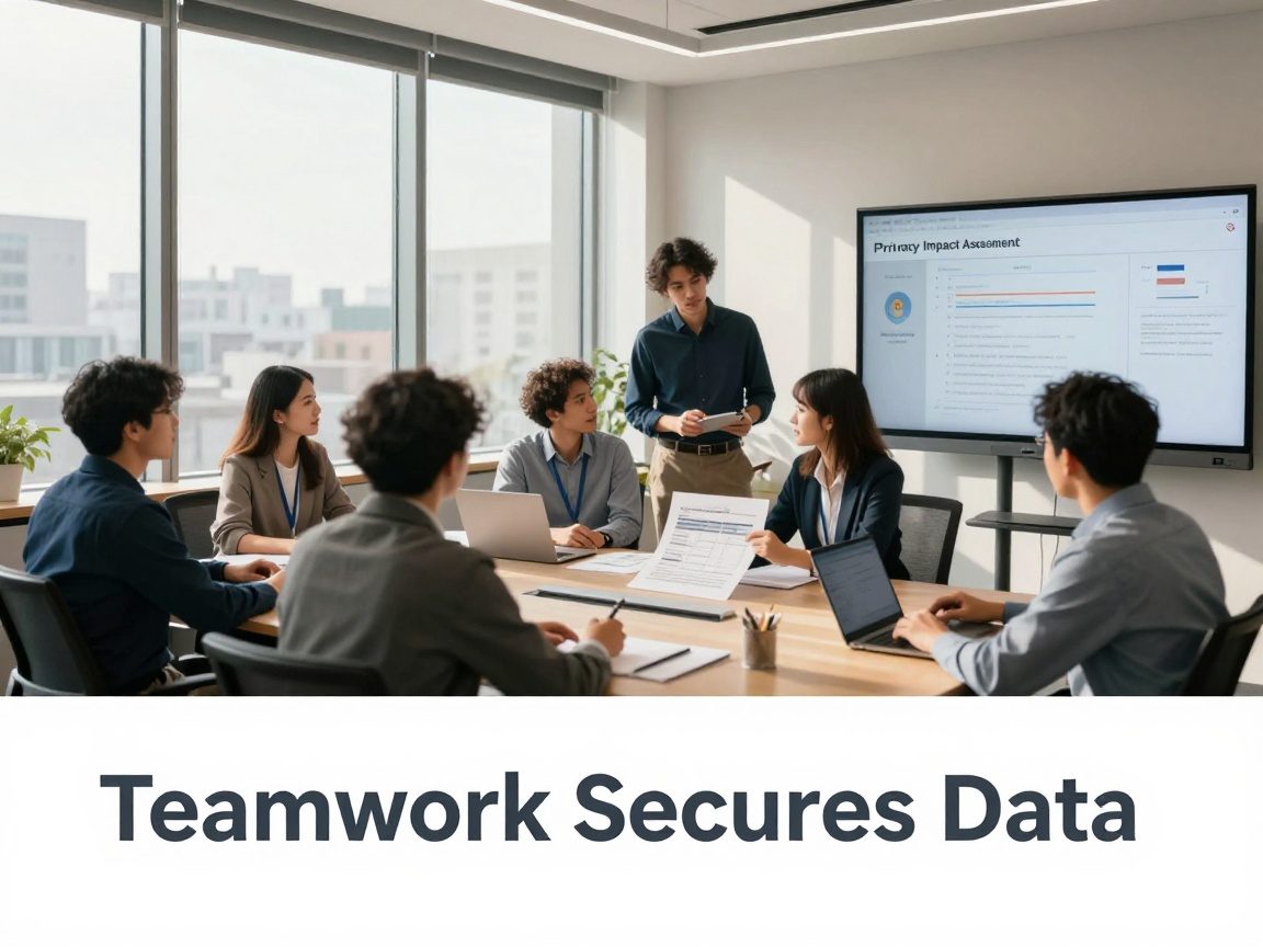 A diverse team of security engineers, developers and legal staff gather around a large table in an open‑plan office, discussing a printed compliance matrix while a digital whiteboard displays a privacy impact assessment under natural daylight.