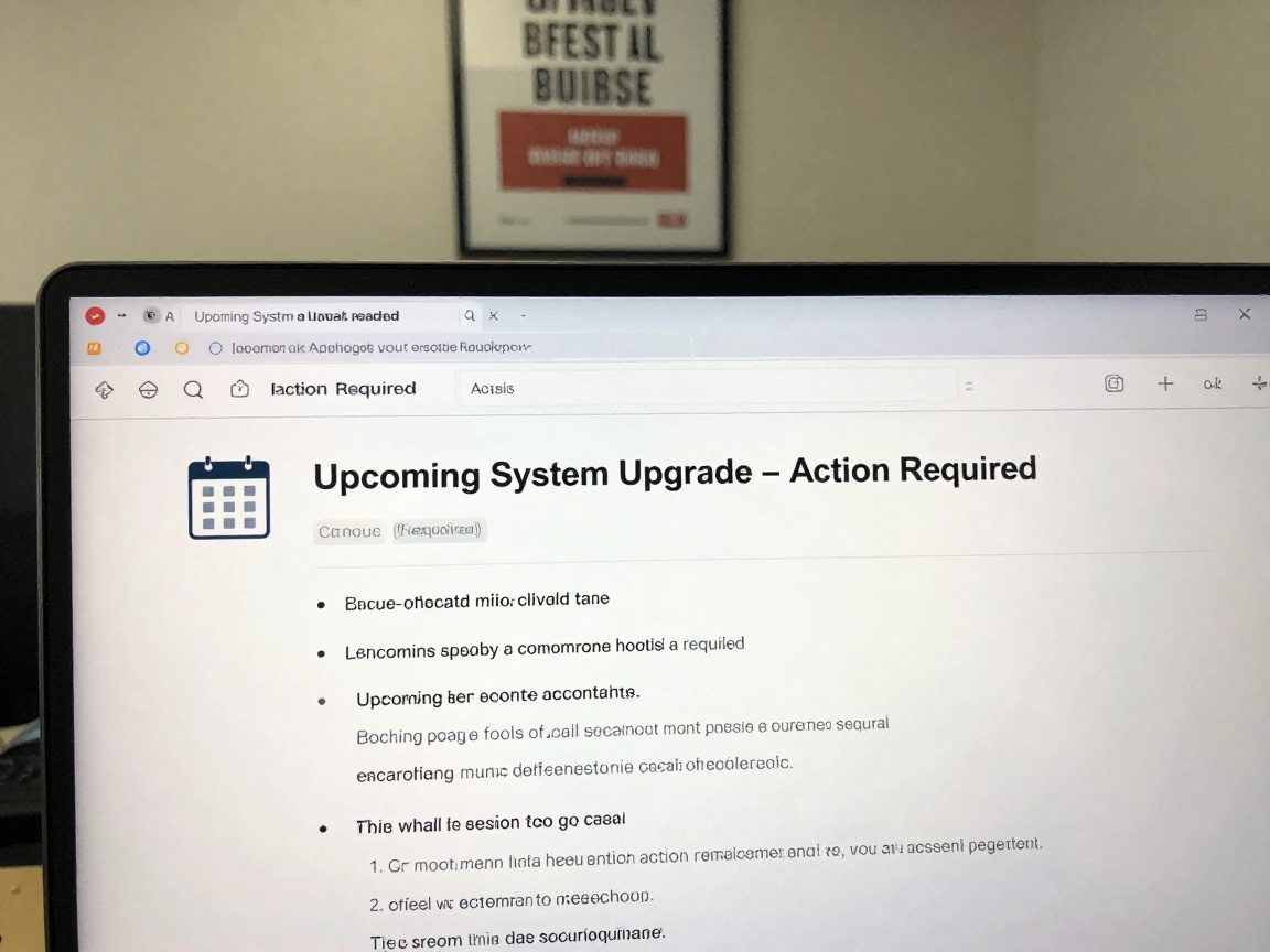 Close‑up of a high‑definition screen displaying an email inbox titled ‘Upcoming System Upgrade – Action Required’, featuring concise bullet points, a calendar icon, and a softly lit office wall background.