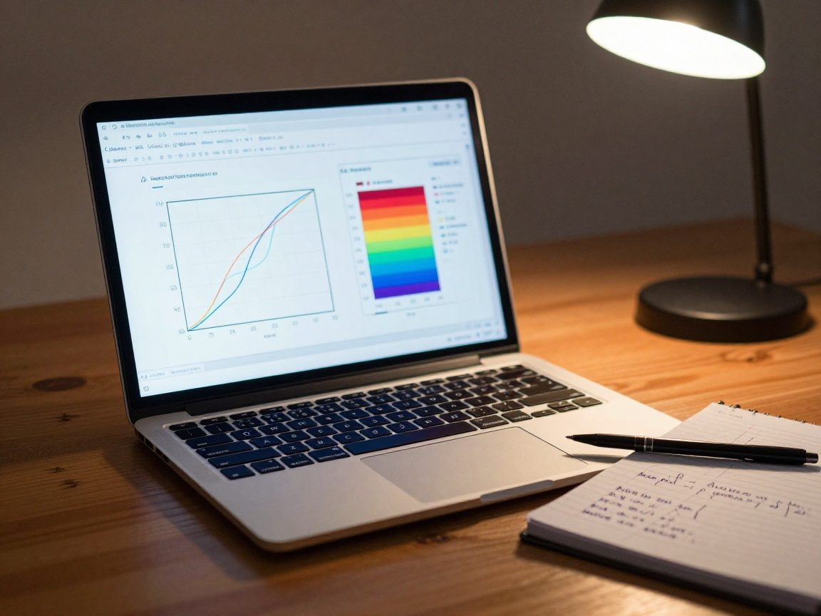 Close‑up of a polished wooden desk featuring an open laptop screen showing a colorful confusion matrix and ROC curve, a stylus on a notepad with dark blue handwritten insights, under soft ambient lighting.