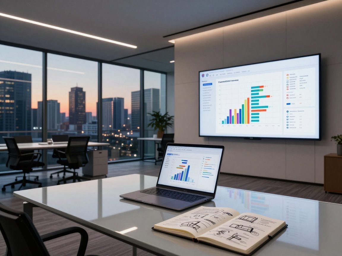 Wide-angle shot of an open-plan office at dusk, featuring a wall screen showing a color-coded competitive analysis matrix, a laptop beside handwritten UX sketches, and a glass wall overlooking a twilight city skyline.