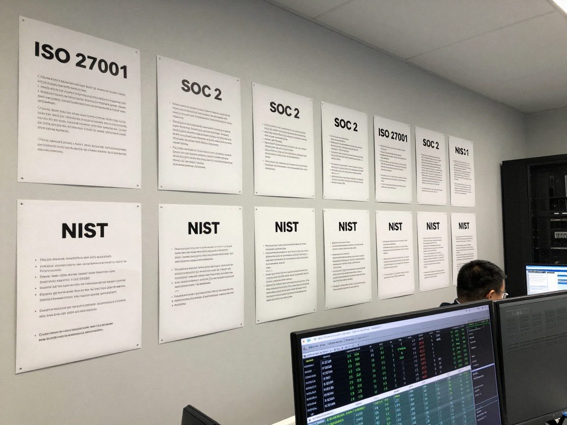 Wide-angle view of a data center control room wall covered with laminated posters illustrating ISO 27001, SOC 2, and NIST compliance frameworks; a digital screen displays real-time audit metrics while a technician monitors from a distance.