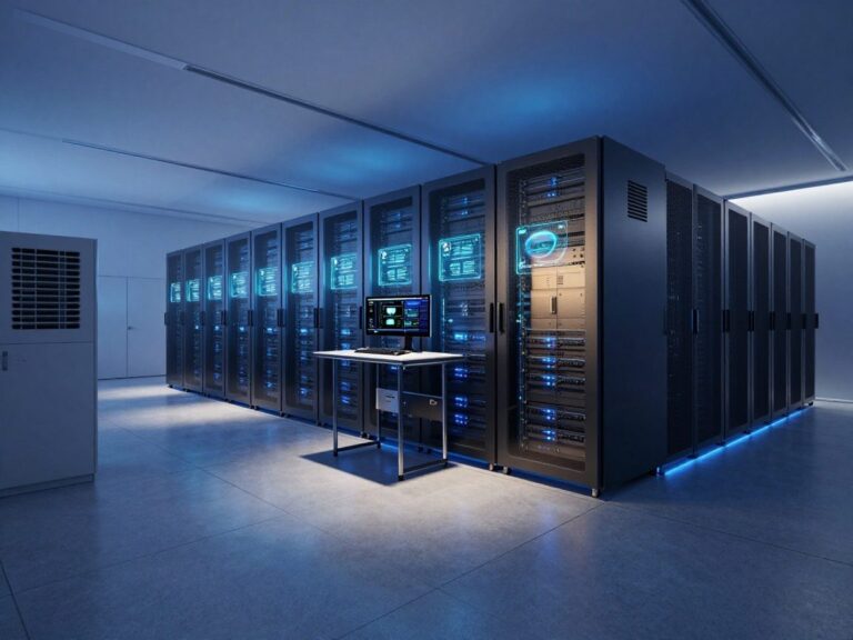 Wide-angle view of a modern data center interior illuminated by soft blue LED strip lighting, highlighting server racks, UPS cabinets, and a central monitoring console with real-time security metrics.