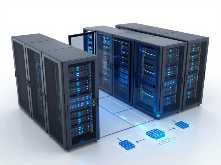 Photorealistic 3D render of a data center floor plan featuring server racks, fiber optic cables, LED panels, and a translucent overlay showing data pipelines from on‑premise databases to cloud storage and analytics dashboards.