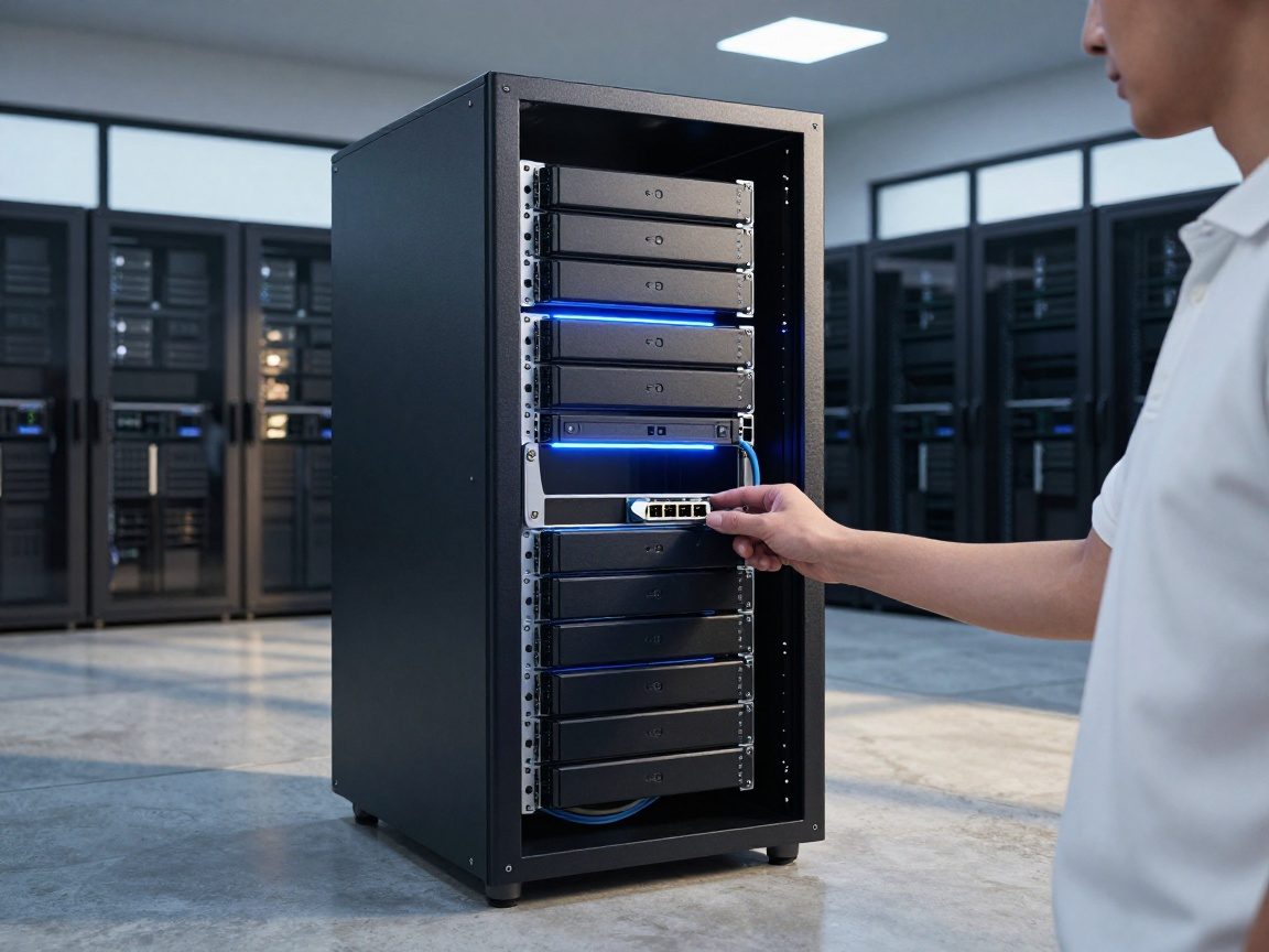 Photorealistic studio shot of a sleek black SSD rack illuminated by blue LED lights, a technician in white polo adjusting a cable on polished concrete floor.