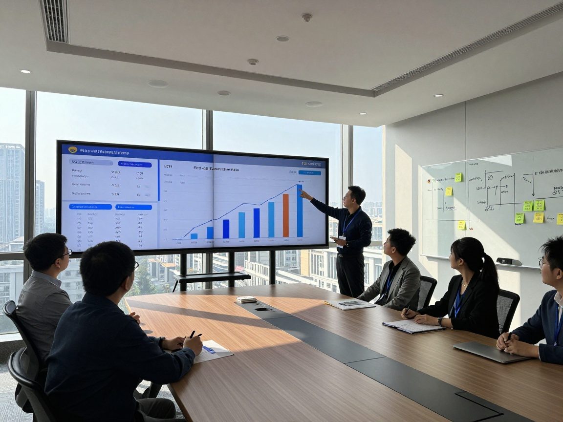 Wide-angle view of a modern conference room with a large digital wall display showing KPI dashboards for resolution time, first-call resolution rate, and customer satisfaction scores; a team leader points to upward trending graphs while natural daylight streams through floor-to-ceiling windows.