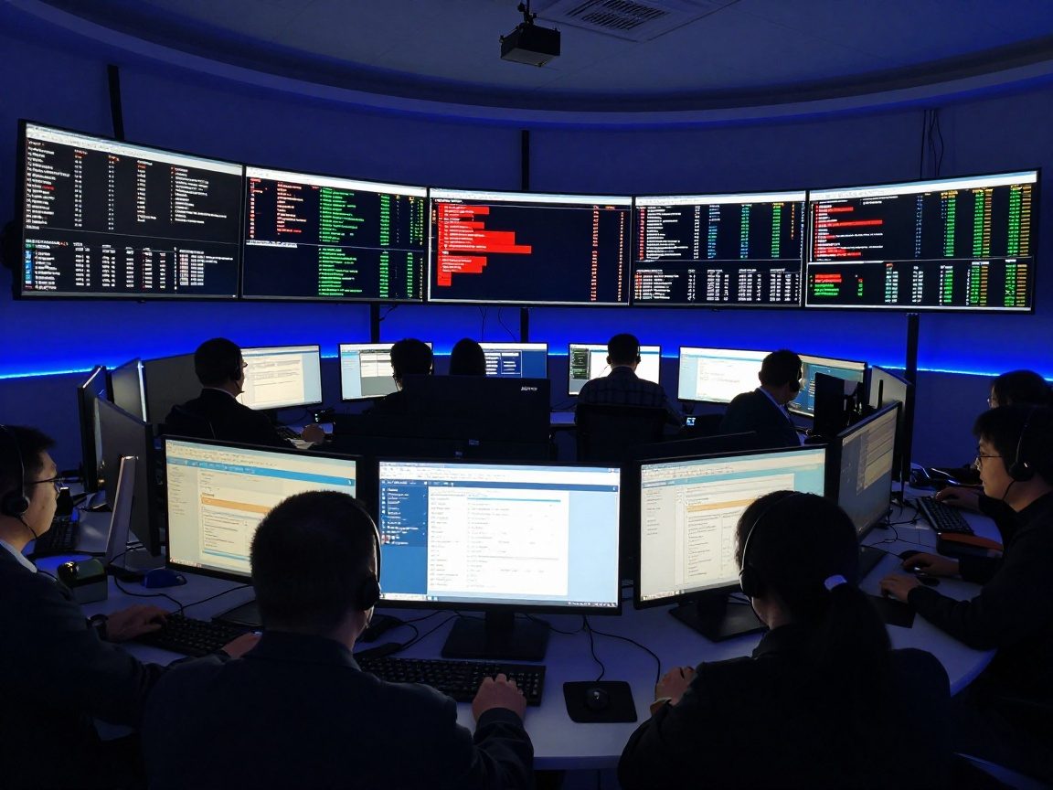 Wide‑angle view of a dimly lit SOC with curved monitors displaying SIEM dashboards, threat feeds, and real‑time alerts in bright red bubbles; operators wearing headsets focus on screens under blue LED glow.