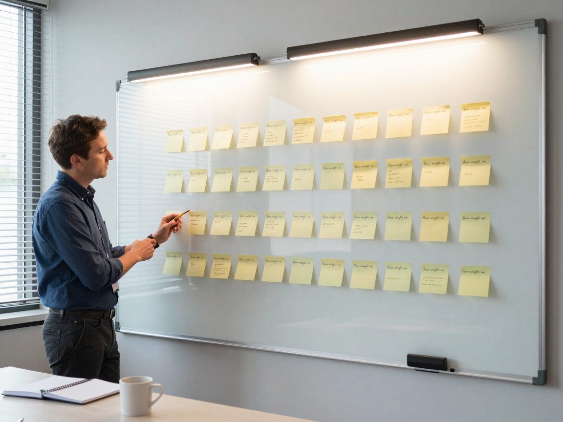 Medium‑shot of an open innovation manager beside a whiteboard filled with sticky notes labeled 'How might we…', illuminated by LED strip lighting; coffee mug and notebook in foreground, natural daylight through blinds.