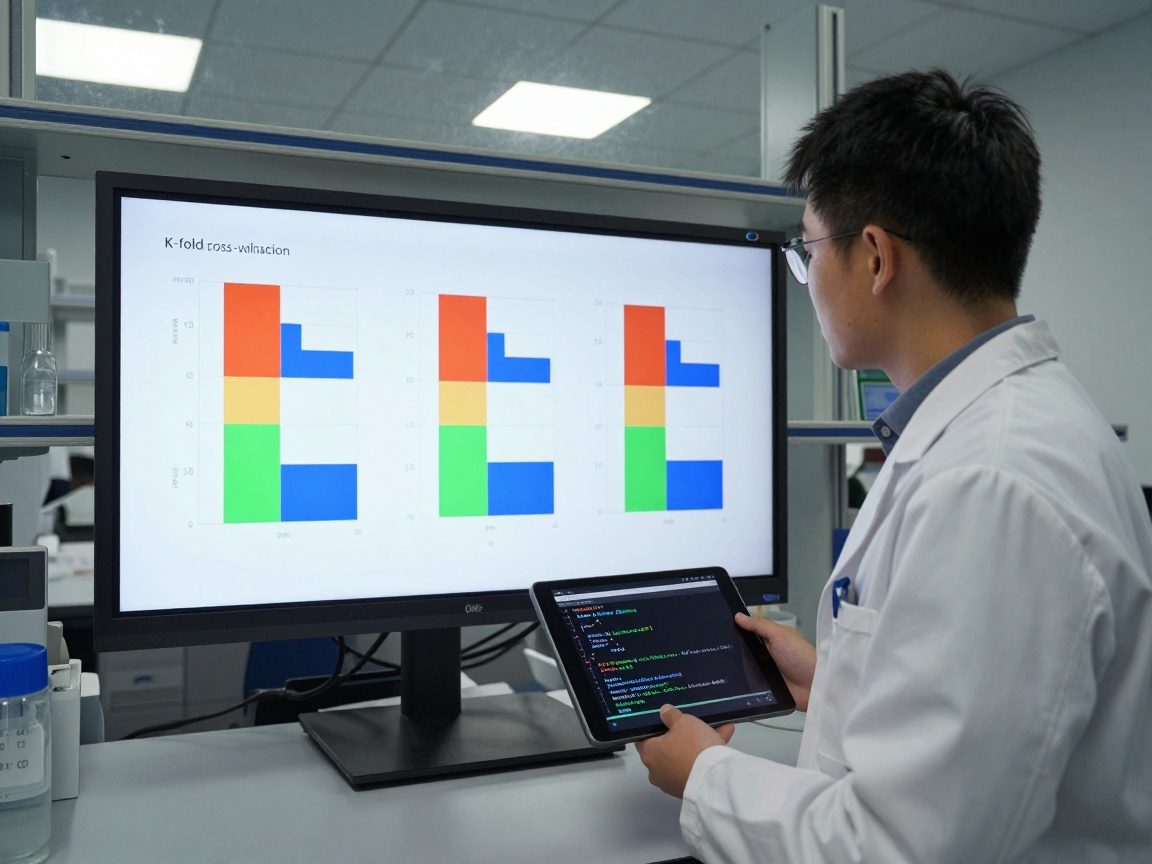 A data scientist stands beside a large screen displaying a colorful K-fold cross-validation diagram, holding a tablet with scikit-learn code, inside a clean glass-enclosed lab lit by natural daylight.