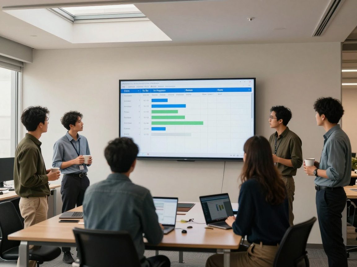 Five project managers stand around a low table during a daily sprint meeting, each holding a coffee mug and laptop while a large wall screen displays a live sprint board with columns To Do, In Progress, Review, Done. Soft morning light from skylights illuminates the calm, collaborative atmosphere.