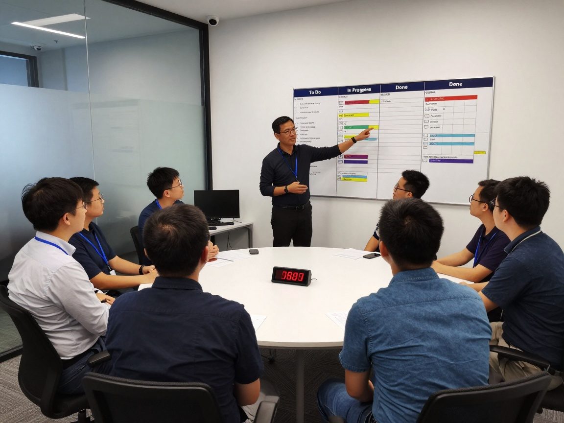 Wide angle view of a lively daily stand‑up: team members form a semi‑circle around a low table, a digital timer on a tablet shows remaining minutes, and the Product Owner gestures toward a wall-mounted Kanban board with columns To Do, In Progress, Done.