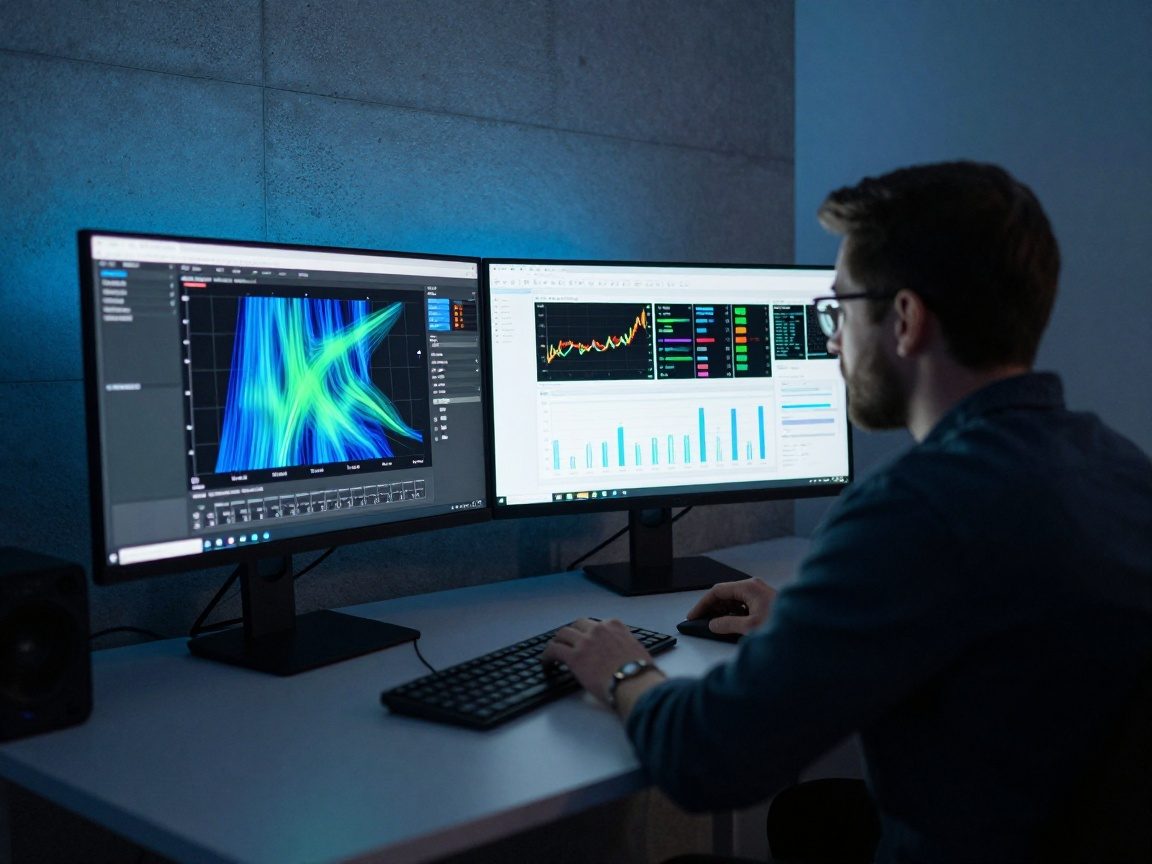A data analyst in a dimly lit lab examines airflow heatmap and statistical charts on two monitors, surrounded by concrete walls and blue LED lighting.