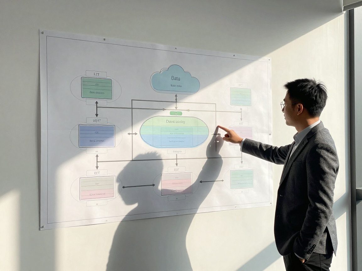 Medium shot of a consultant in a smart blazer standing beside a laminated blueprint of a cloud-based data lake architecture, showing interconnected nodes and ETL pipelines with directional arrows, illuminated by natural daylight from a high window.