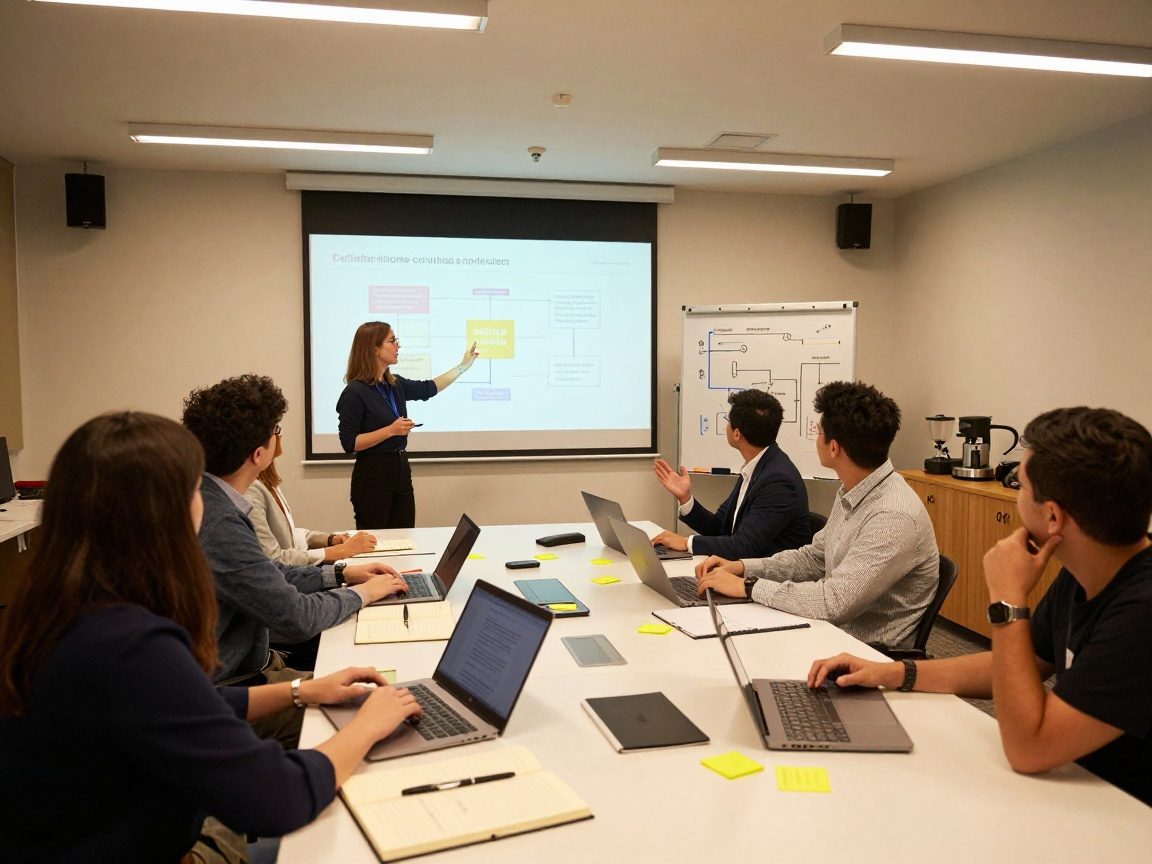 Photorealistic interior of a diverse team around a large table with laptops and sticky notes, while a consultant presents on a projector screen in a warm-lit workshop space