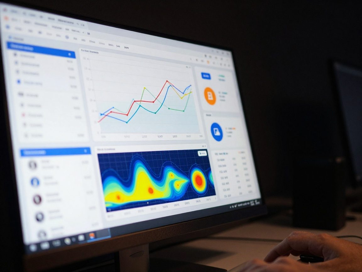 Close-up of a high‑resolution monitor showing colorful line graphs, heat maps, and KPI widgets on a darkened desk, with subtle screen glow illuminating the metal frame.