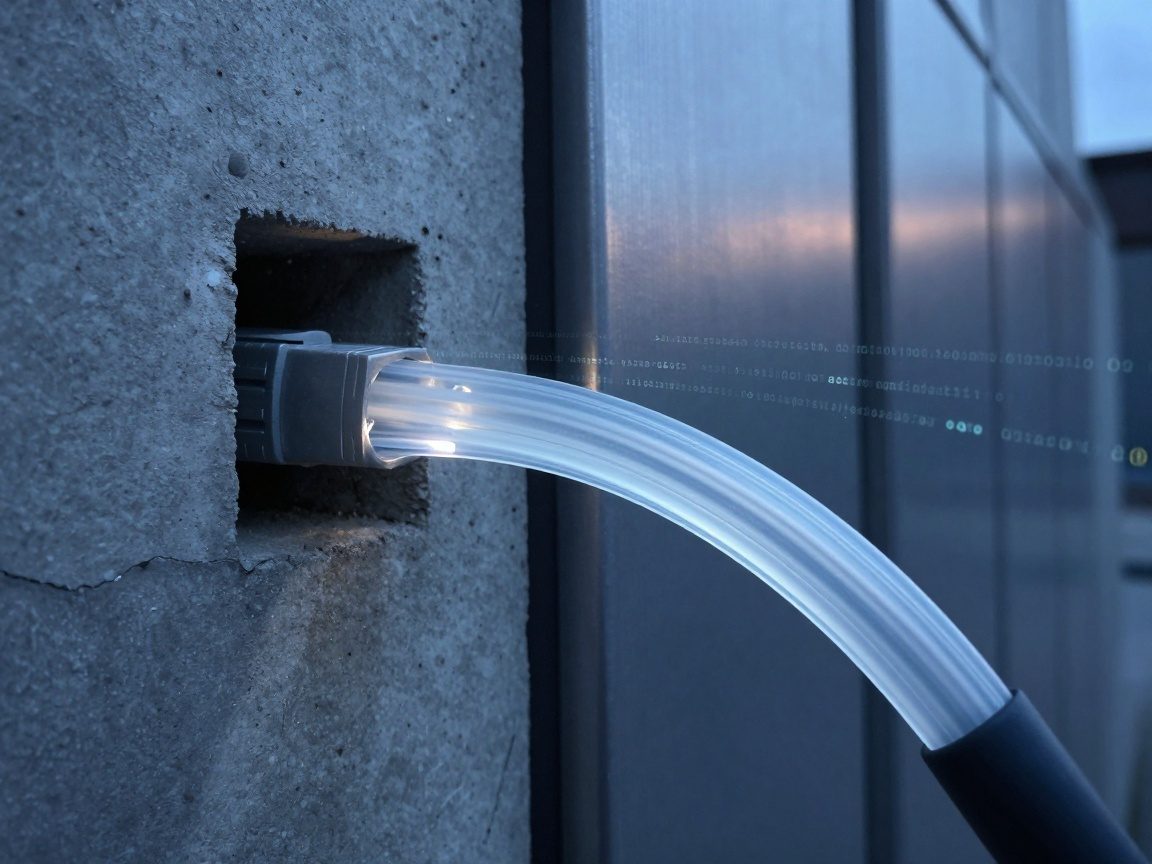 Close‑up of a translucent data stream flowing through a fiber optic cable embedded in a concrete wall, with micro‑cracks, dust particles, and subtle reflections on metal panels; faint encrypted code lines glow along the surface under twilight blue light.