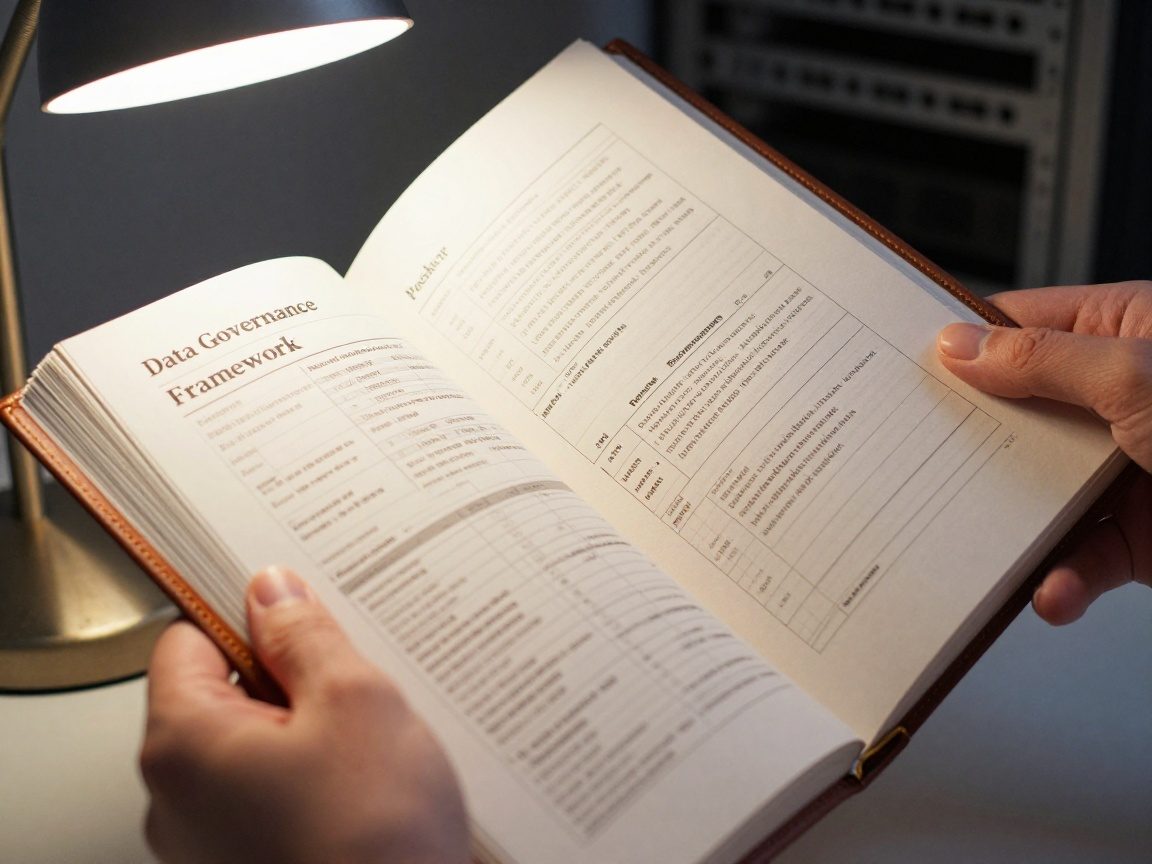 Close‑up of a Project Manager flipping through a leather‑bound policy manual titled "Data Governance Framework", showing detailed tables and compliance checklists, with a desk lamp illuminating the pages and a faint server rack in the background.